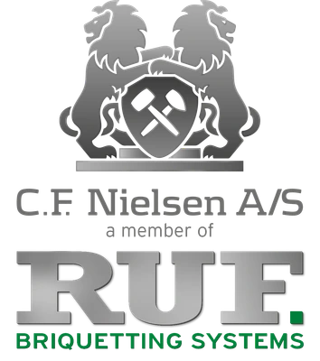 A mai RUF-CFNielsen logó: ugyanaz a címer, alatta a C.F. Nielsen A/S név, majd a RUF Briquetting Systems felirat